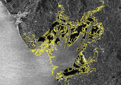 Figure 1: Using multi-temporal SAR images, the vast expanses of sandbank covered by the sea at high tide can be mapped, clearly showing the orientation of the river channels (reproduced with permission. ©LCC and BNSC).