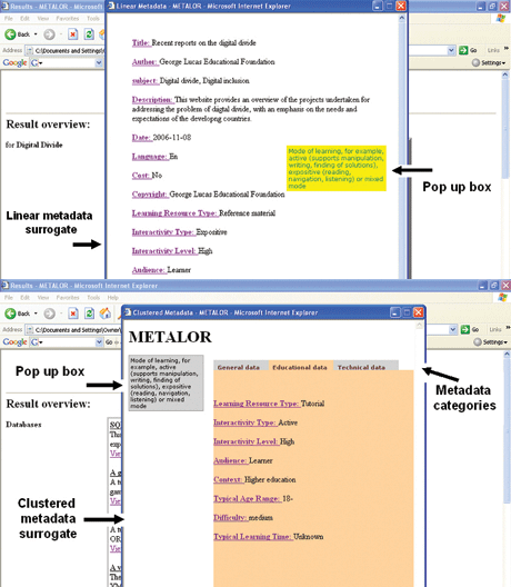 Figure 1: The linear (top) and clustered (bottom) metadata interface.