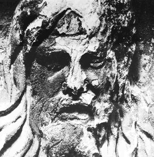 Figure 1: Head of a rain god, carved on the Antonina column in Rome. Erosion and crusts have been caused by SO2 pollution.