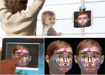 Figure 3: Having fun   the virtual child reacts with facial mimicking, and its face can even be painted when touched.