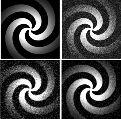 Figure 1: a) original image; b) noisy image; c) denoised image using method (1); d) denoised image using method (2).