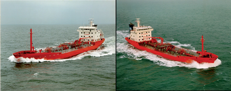 Figure 1: Two ships at cruising conditions. The upper ship generates a water wave with quite a high amplitude (see halfway hull). The wave contains a lot of energy, which has been transferred to the water by the ship, and is not returned to the ship. The hull of the left ship has been redesigned, at the Maritime Research Institute Netherlands (MARIN), to lower the aforementioned wave. The result is clearly visible: the right ship has a significantly lower wave drag. CWI cooperates with MARIN on the development of computational methods for the optimization of ship-hull shapes.