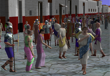 Virtual crowds populating the Pompeeii procedural modeling reconstruction.