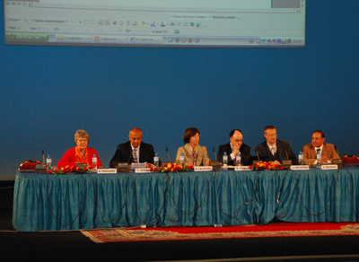 LREC Opening Ceremony. From left to right: Bente Maegaard, ELRA President; Taib Debbag, representing M. Ahmed Reda Chami, Moroccan Minister of Trade, Industry and New Technologies; Nicoletta Calzolari, Conference Chair, Khalid Choukri, Chief Executive Officer of ELRA; M. Jochen Richer, representing M. Leonard Orban, the European Commissioner for Multilinguism, Abdelhak Mouradi, co-chair of the local organizing committee.