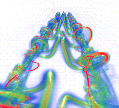 Figure 1: Visualisation of aircraft vortex wakes undergoing a long wavelength instability.
