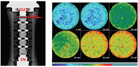 Figure 2: Long core (left) showing the location for the X-ray cross section (red arrow). Water injection is 50 g/L. X-ray density maps (right) of a core slice showing six time steps during the injection process (from Marsala and Landrø, EAGE extended abstracts, 2005).