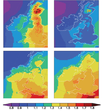 Figure 1: Forecasts of the future climate. Expected temperature change (°C) between the periods 2021-2060 and 1961-2000 for winter, spring, summer and autumn (top left, top right, bottom left, bottom right) for Ireland/UK, based on the mean of eight climate simulations. Only supercomputers can deliver this level of detail.