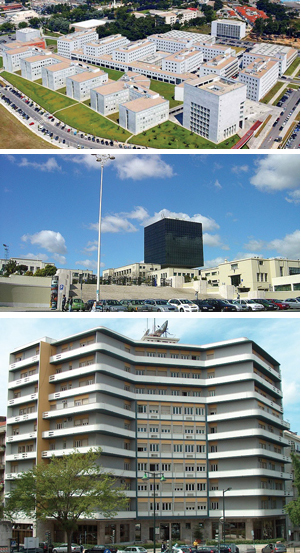 Sites of the PEG member institutions: From top: Faculty of Engineering of the University of Porto (FEUP), Engineering School of the Technical University of Lisbon (IST), and INESC. 