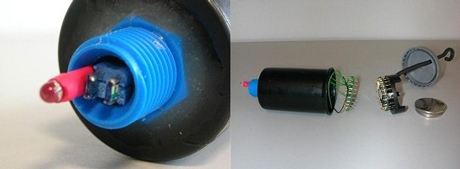 Figure 2: A gas sensor made by coating a pH indicator dye (left) and the sensor platform, mica2dot mote (right). In the presence of an acidic vapour/gas, the sensor changes colour from deep blue to yellow.