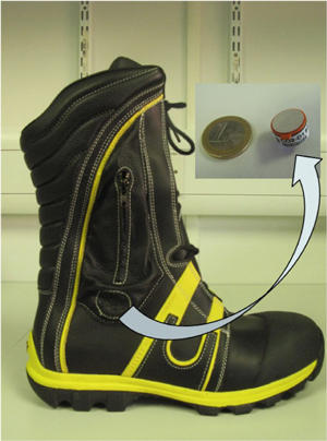 Figure 1: Firefighter's boot with built-in pocket used for enclosing the CO2 sensor and wireless communications platform.