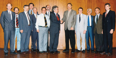 Dennis Tsichritzis, President of ERCIM (1994-1998) and the Board of Directors welcome the President of the Czech Research Consortium for Informatics and Mathematics, Jiri Wiedermann, during the ERCIM meetings in Zurich in May 1996.