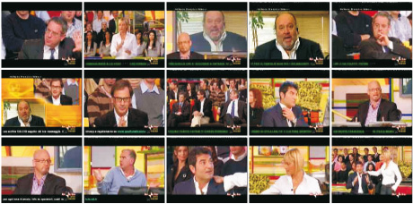Figure 1: Storyboard of fifteen frames extracted from a fifteen-minute clip of a popular Italian talk-show. The quality of the storyboard is high: each character appearing in the clip has been captured at least once, and in visually diverse poses. The fifteen frames were selected from the 30,000 frames in the clip, in 20 seconds, starting from raw HSV representation, on a 3.5 GHz CPU machine.