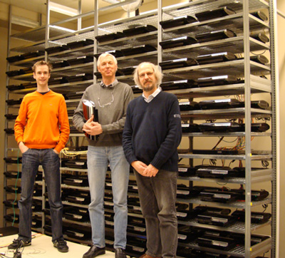 Three members of the team that created the rogue CA, in front of the PS cluster: Marc Stevens, Arjen Lenstra, and Benne de Weger. Picture by Joppe Bos. 