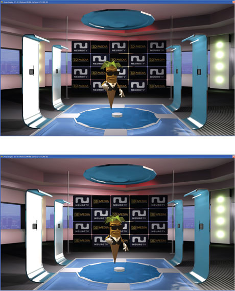 Figure 1: During the preview of the 3D Stereo MEDIA event on  17 March 2009 in Liège, Belgium, NeuroTV showed, as a world first, the live animated character Toon in full 3D stereoscopy. Above are examples of the slightly different left-eye (left) and right-eye (right) views of a 3D projection (courtesy of NeuroTV, member of the 3D MEDIA project). 