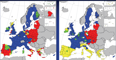 Figure 1: The European Regional Policy and the Socioeconomic Diversity of European Regions: A Multivariate Analysis. Left: EU-25: convergence and competitiveness objectives, 2007-2013 - EC classification. Right: EU-25: clusters of socio-economic similarity.